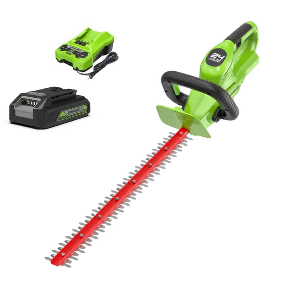 גוזם גדר חיה נטען עם ידית מסתובבת 24V + סוללת 2Ah + מטען - Greenworks