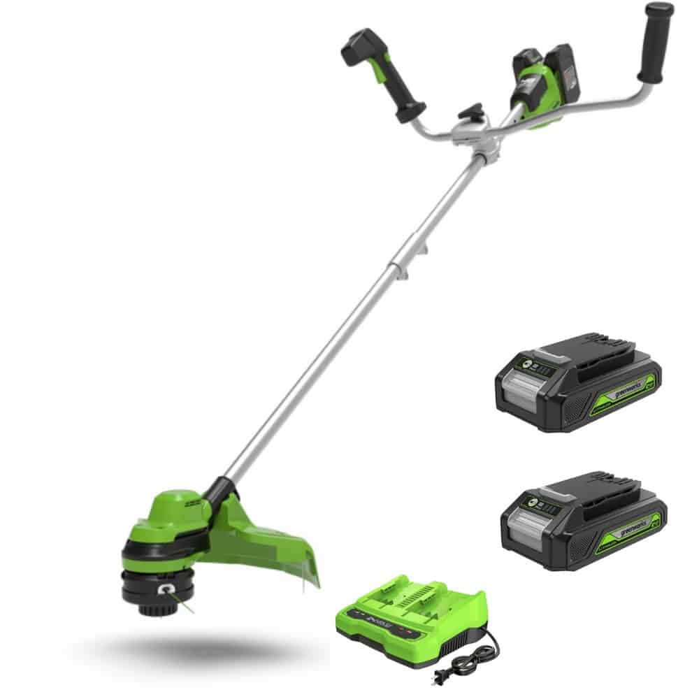 חרמש/קוצץ קנטים Brushless 48V עם כידון, רוחב חיתוך 38 ס"מ + 2 סוללות 2.0Ah ומטען כפול - Greenworks