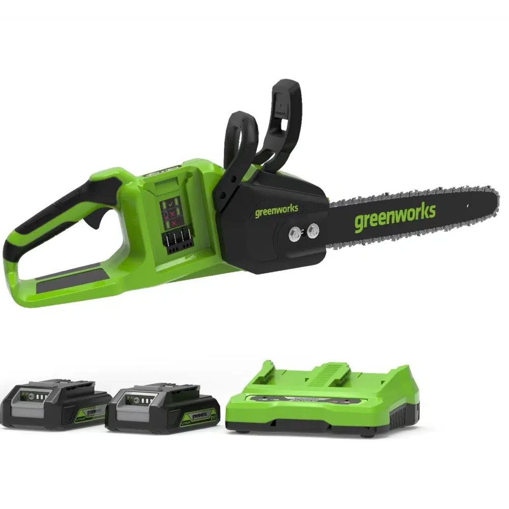 מסור שרשרת נטען "14 48V (2x24V) Brushless עם 2 סוללות 2Ah ומטען כפול - Greenworks