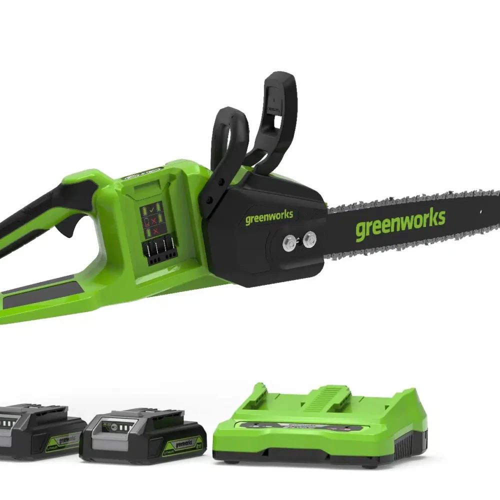 מסור שרשרת נטען "14 48V (2x24V) Brushless עם 2 סוללות 2Ah ומטען כפול - Greenworks